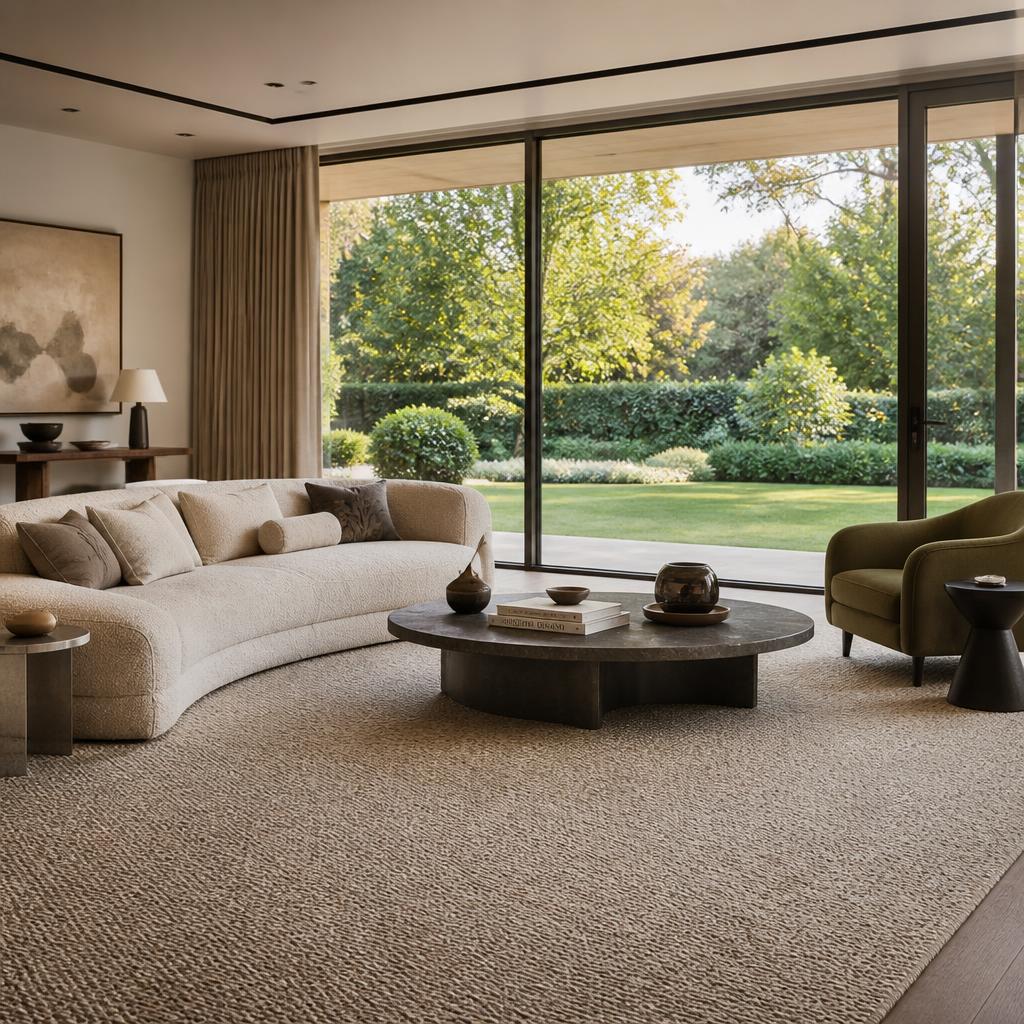 Contemporary lounge with textured carpet flooring