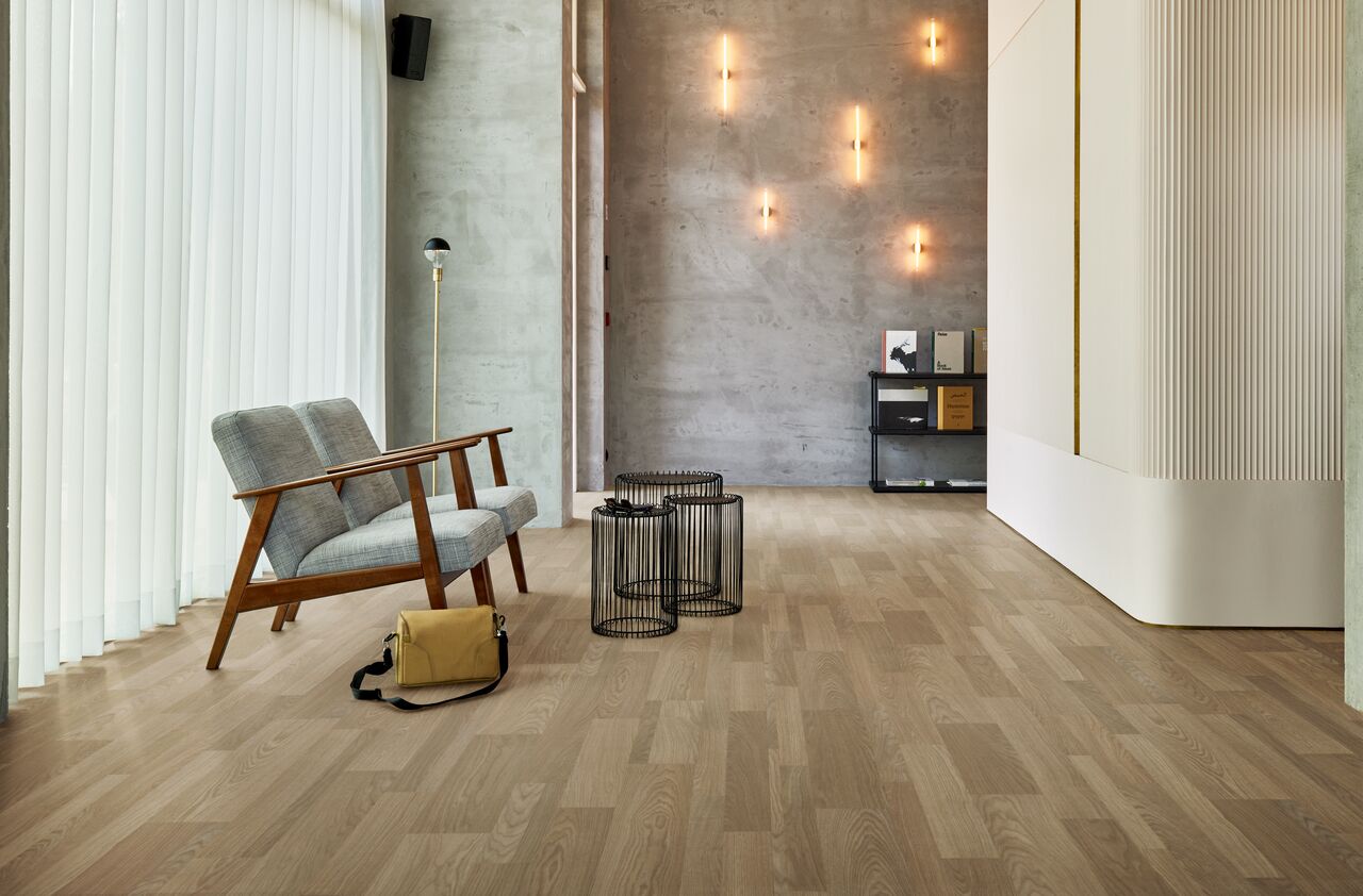 Natural multisize oak wood flooring in a modern commercial interior