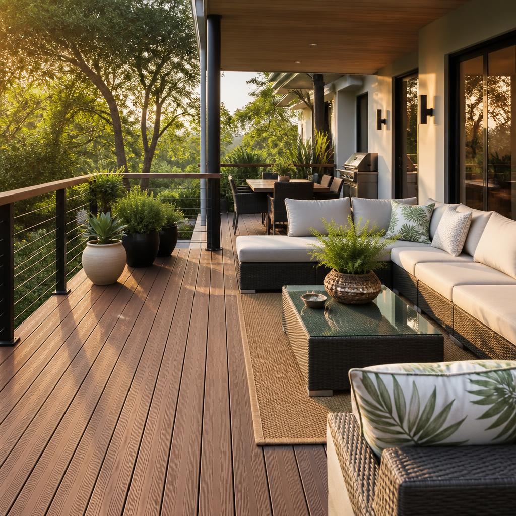 Elegant outdoor residential deck with modern furniture