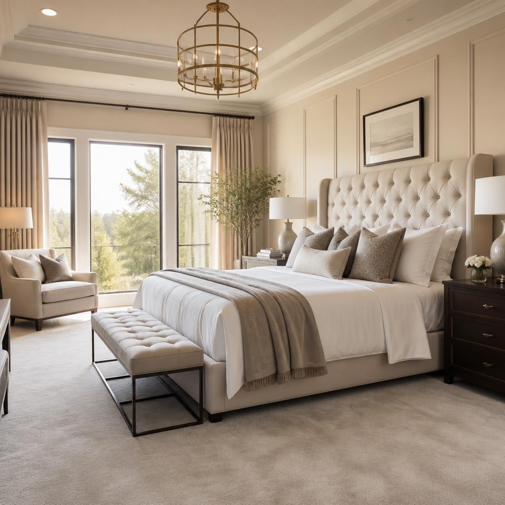 Upscale master bedroom with plush carpet flooring