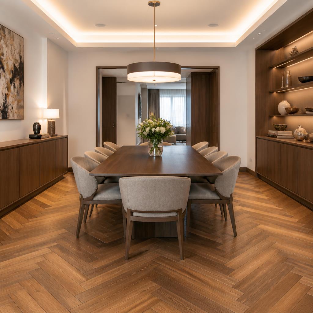 Elegant dining room with herringbone parquet flooring