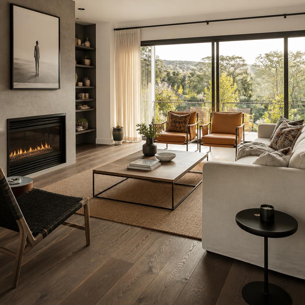 Modern living room with wide plank wooden flooring