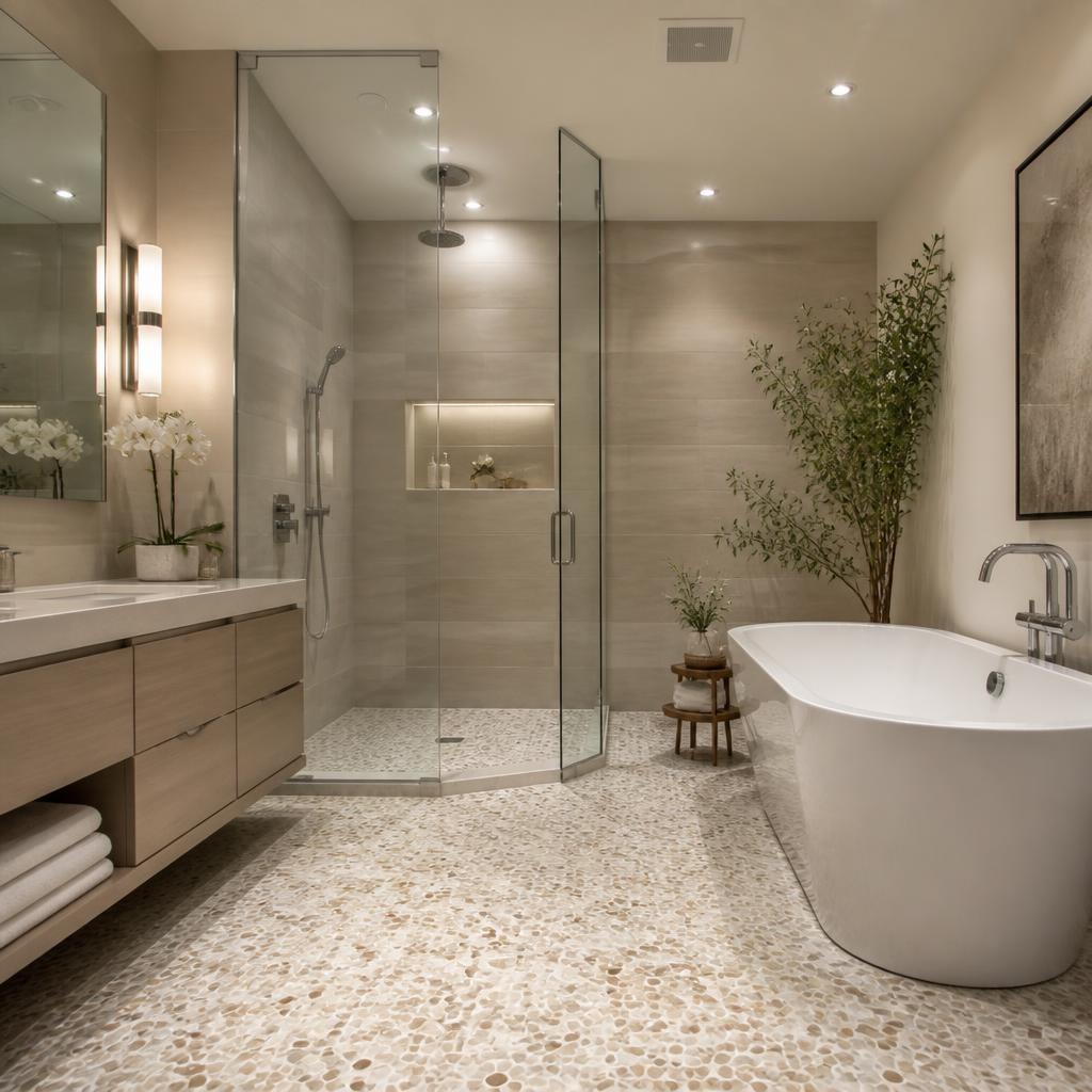 Luxury bathroom with quartz pebble inlay flooring