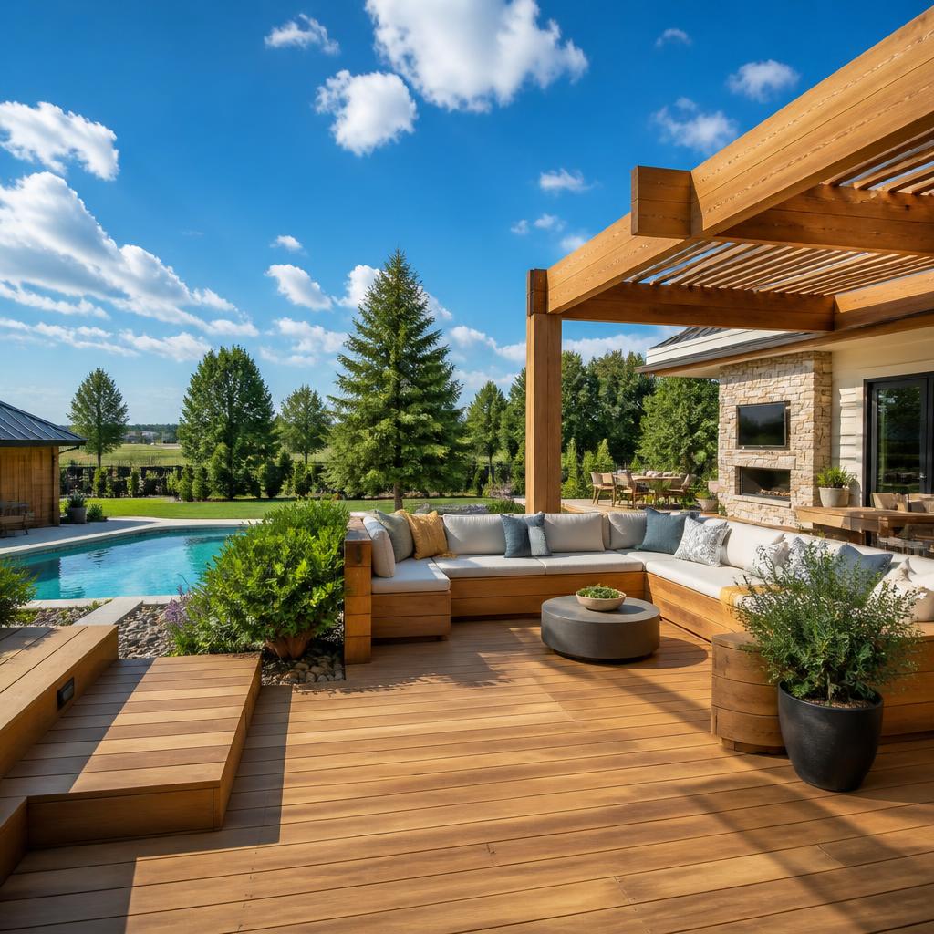 Outdoor entertainment deck with pool view