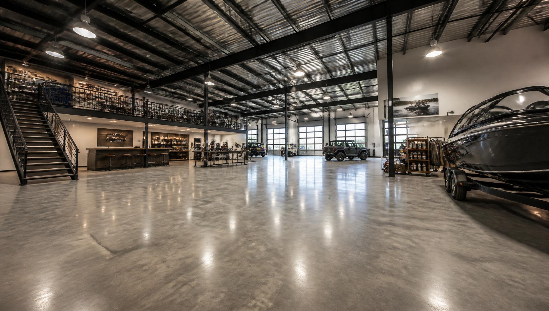 Large industrial showroom with polished epoxy concrete flooring