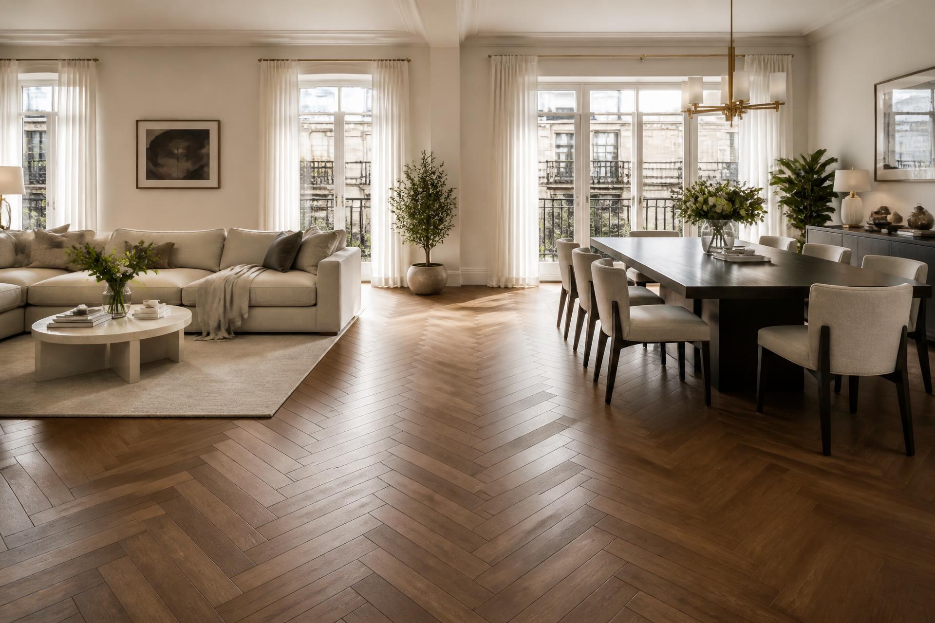 Herringbone parquet wood flooring in elegant apartment
